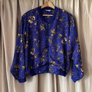 Vintage Papell Too Royal Blue Satin Bomber Jacket Gold Chain Print Size L